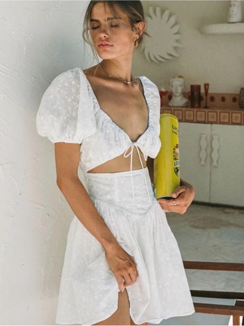 Sabo Skirt Alika White Embroidered Mini Dress M Puff Sleeve Cutout Cottagecore